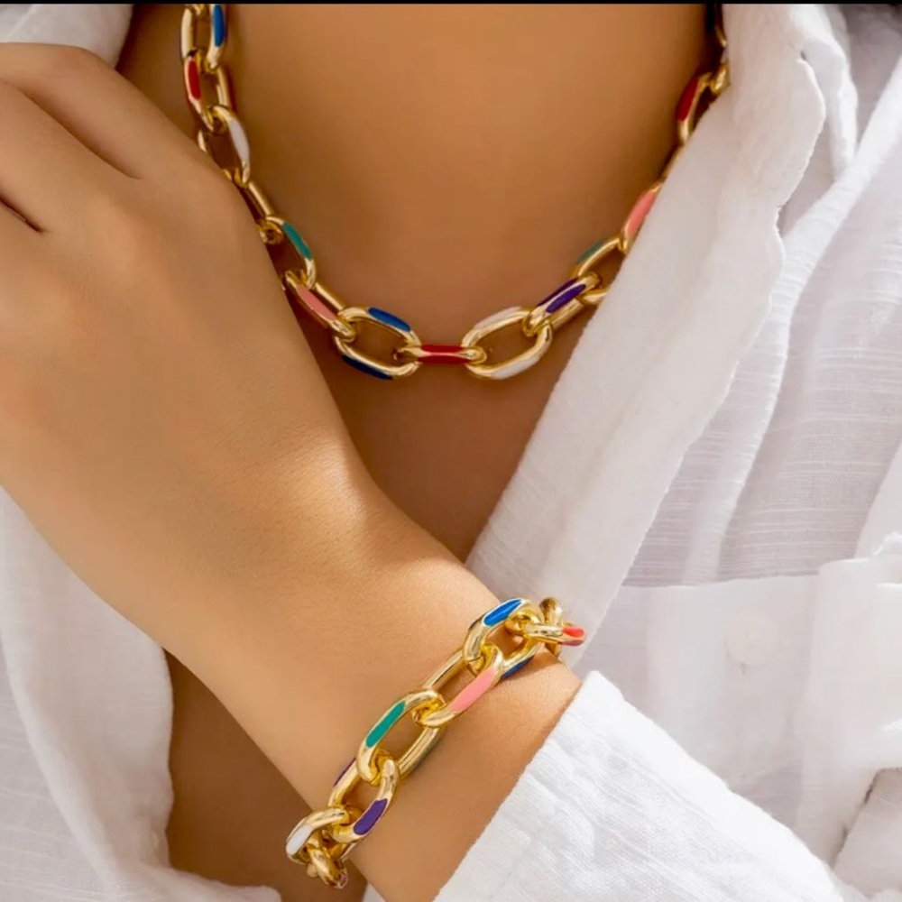 🌟 2Pcs/Set Colorful Chunky Bohemian Fashion Choker Necklace Bracelet